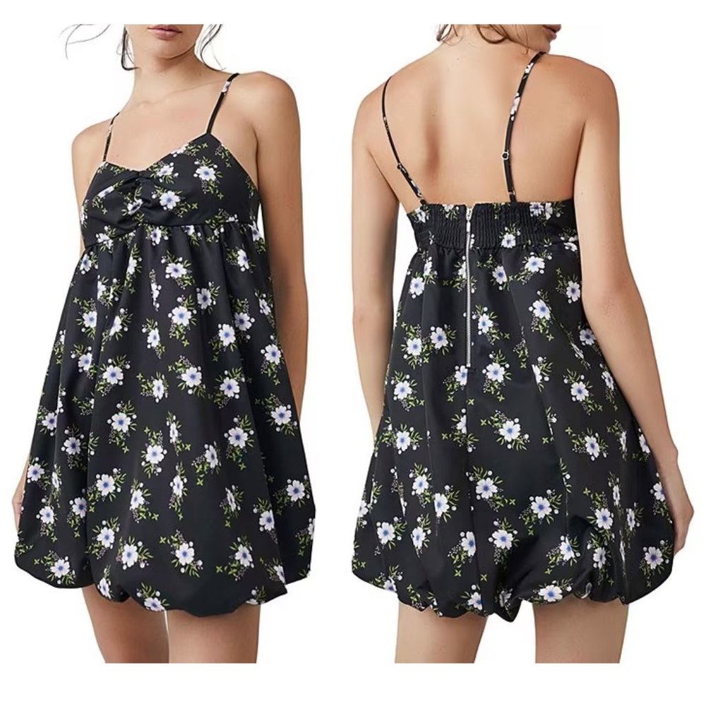 NWT Free People In A Bubble Mini Dress Floral Black Strappy Sleeveless Babydoll